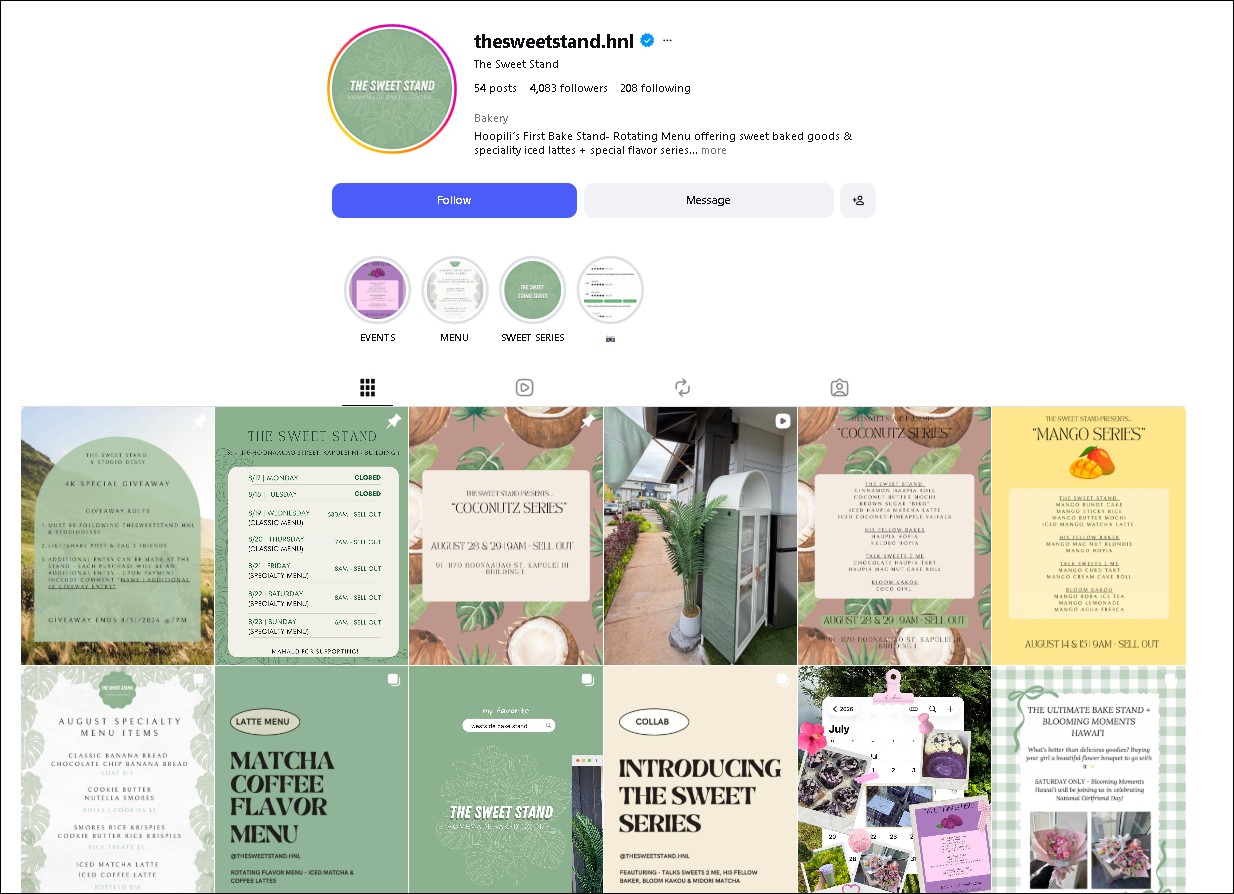 The Sweet Stand Instagram profile - baked goods and matcha in Ho'opili Kapolei